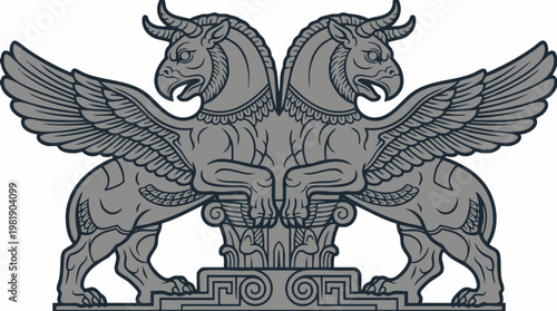 Double headed winged mythological guardian stone sculpture.