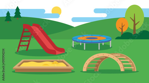 a playground with a slide trampoline and climbing bridge.