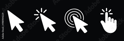 Computer cursor hand pointer icons set showing click and touch actions for web design and interface. Set of cursor icons pointer and target solid and outline variations for clicks. mouse pointer icon.