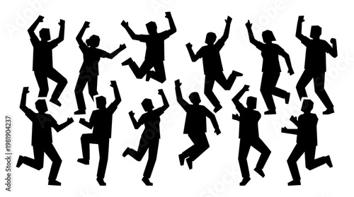 Black silhouettes of people jumping happily.