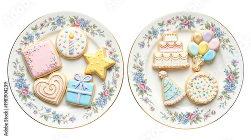 birthday cookies on floral plates
