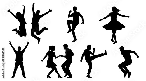 Silhouettes of people dancing and jumping.