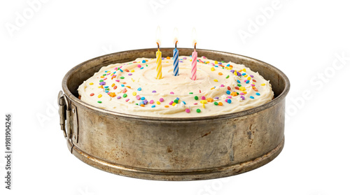 birthday cake in vintage baking tin