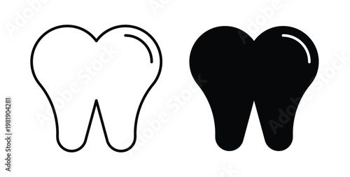 Tooth icon in black and white color. Solid and linear icons