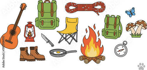 Extensive outdoor camping gear set with backpack guitar and campfire