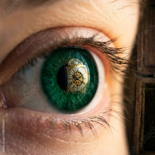 Ein Auge in Nahaufnahme - Eine Uhr spiegelt sich in der Pupille