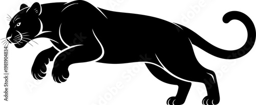 Pouncing black panther silhouette isolated on a clean white background, jaguar leopard