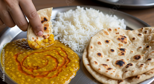  Close up of a person dipping a piece of fresh roti flatbread into a bowl of yellow lentil dal with a spiral of oil served with white rice on a traditional metal thali plate for an ethnic meal. 