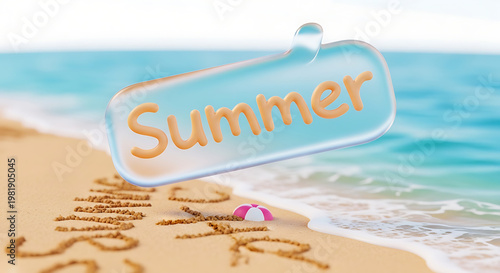 Summer message written in sand on a beach with a speech bubble containing the word summer and gentle ocean waves lapping the shore