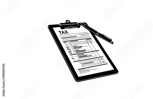 Clipboard with Tax Form and Pen Silhouette. Black Vector Silhouette of Business Financial Documents and Accounting Equipment.
