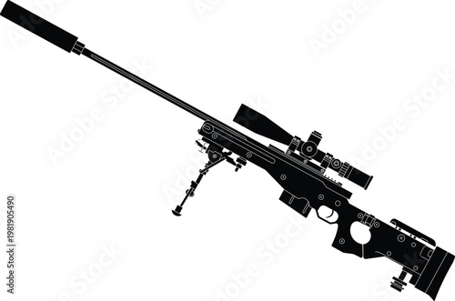 L115a3 long range sniper rifle with a scope side view vector illustration. Silhouette of a long-range sniper riffle.