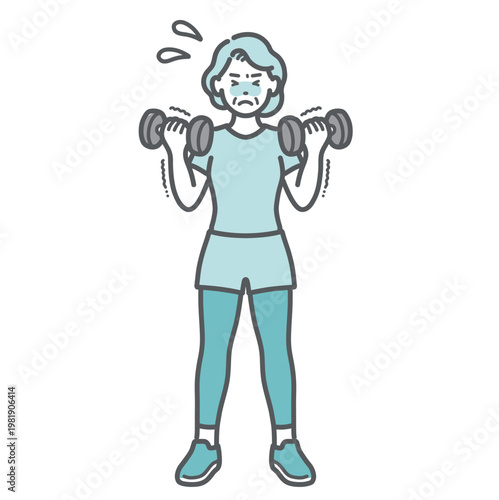 辛そうにダンベルトレーニングをするシニア女性のイラスト