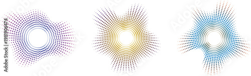 Abstract soundwave circles set, colorful audio frequency waveforms, radial digital equalizer visualizer icons, 3 vector music wave elements