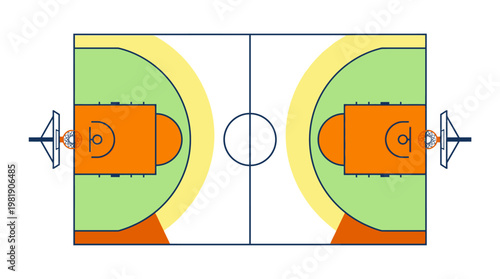 Basketball Court Blueprint: An overhead perspective of a meticulously designed basketball court, showcasing all essential elements, lines, and zones required for competitive play.