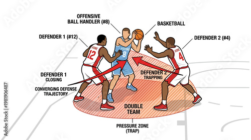 Basketball Double Team Tactics: An illustrative guide to basketball strategy reveals the dynamic interplay of offensive ball handler and defensive players.