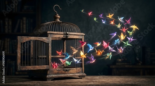 Vibrant origami cranes flying out of an open wooden birdcage into the dark, symbolizing freedom, liberation, and the release of creative ideas