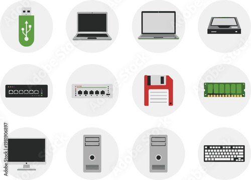 Colorful icon set of computer hardware and peripherals including USB drive, laptops, hard drive, network switches, RAM, monitor, towers, and keyboard