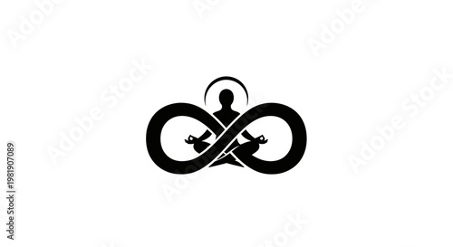 A stylized infinity symbol with airplanes and a person.