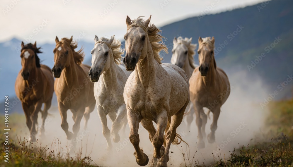 Obraz premium Wild Horses Running Free in a Mountain Meadow.