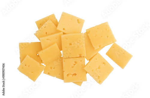 heap of pieces cheese isolated on white background, top view, flat lay