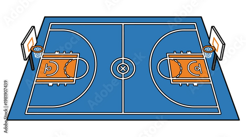 Basketball Court: An aerial view of a meticulously crafted basketball court, defined by vibrant hues and geometric precision, ready for intense games and competitive spirit.