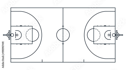 Basketball Court Layout: A minimalist, top-down illustration of a standard basketball court, showcasing its essential features and design.