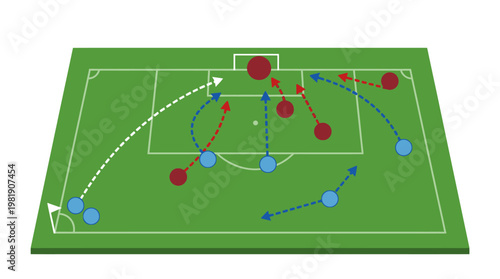 Soccer Strategy and Tactics: An illustration visualizing a dynamic soccer game strategy, displaying player positions and the flow of play with arrows.