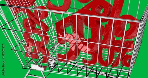 Orbiting chrome wire shopping cart showing glossy red 75% symbols in studio, with caster wheels