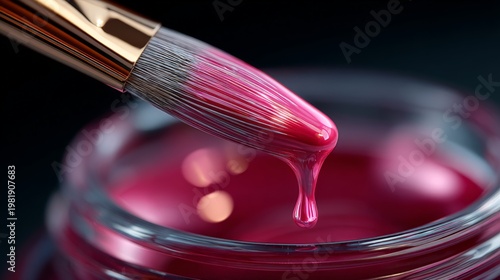 Close view of pink nail polish dripping from a brush into a small glass jar on a dark background in a beauty setup
