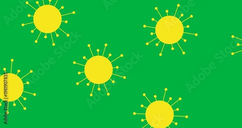 Digital animation of multiple yellow covid-19 cells floating against black background