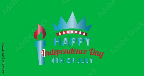 Independence day text over american flag and flame torch icons against black background