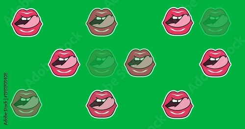 Digital animation of multiple pink lips icons against black background