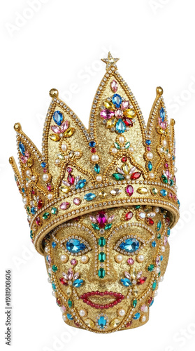 Decorative golden crown with colorful jewels and facial design  