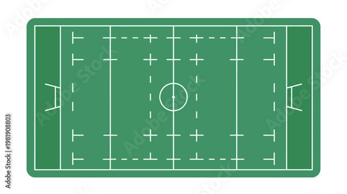 Rugby Field: A detailed overhead view of a green rugby field with precise markings. A vector illustration ready for tactical planning.