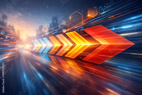 Arrows moving at high speed across a blurred urban landscape represent rapid economic growth and continuous technological progress in the modern world of international.