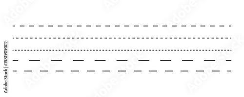set of dashed and dotted black line dividers for document formatting and graphic design. Simple geometric stroke borders. Vector Illustration.