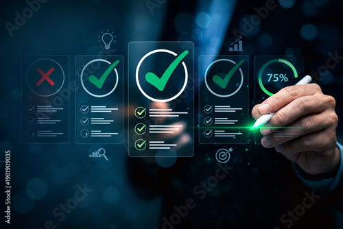 Hand using a digital pen to select options on a transparent interface displaying checkmarks and data charts against a dark background with floating blue light bokeh elements.