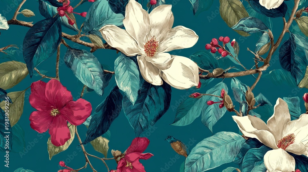Obraz premium Botanical design shows hand-drawn tropical blooms and rich teal foliage. Vintage art suits fine fabrics, wallpaper, clothes, and decor.