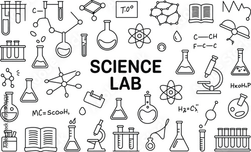Science lab doodle pattern with hand-drawn chemistry equipment, molecular structures, microscopes, beakers, test tubes, and scientific formulas on a white background