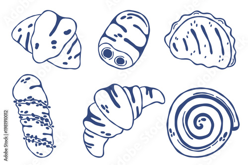 Hand drawn outline set of bakery pastries including croissant, buns and sweet rolls in doodle style. Minimal linear food collection perfect for menu design, packaging, stickers, and bakery branding