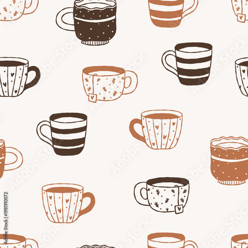 Seamless pattern with hand drawn cozy mugs, coffee and tea cups in doodle style. Warm minimal background perfect for textile design, packaging, wrapping paper, and hygge lifestyle concepts