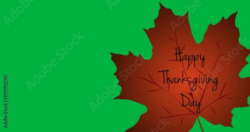 Digital animation of happy thanksgiving text on autumn maple leaf against black background