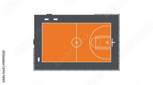 Orange Basketball Court Overview: An eye-level, bird's-eye perspective offers a clear look at an orange basketball court, highlighting its lines and key features for strategic plays.