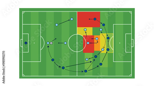 Soccer Strategy: An aerial illustration of a soccer field with detailed tactical arrangement, highlighting strategic positions, passes, and zones.