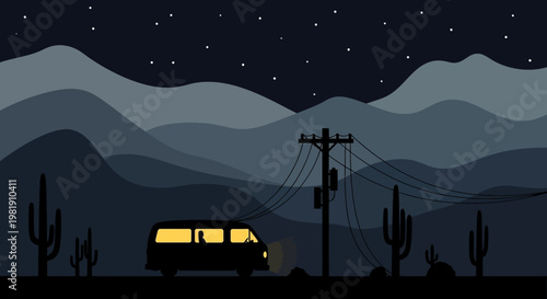 Desert Night Train Silhouette Amid Mountain Range and Cacti Under Starry Sky.