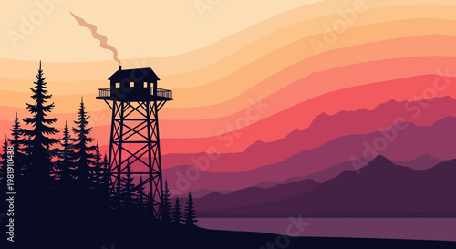 Sunset Over a Silhouetted Watchtower Among Layered Mountain Peaks.