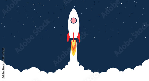 Rocket Launch Depicting a Nighttime Lift Off with Bright Flame and Clouds.