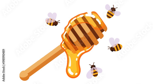 Golden honey drips from a wooden honey dipper as bees buzz around in a sticky, sweet culinary scene.