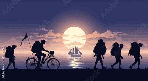 Sunset Beach Scene With Silhouetted People and Cyclists Along the Shore at Dusk.