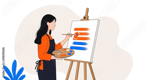 Woman Painter in a Studio Creating Abstract Artwork on Easel with Palette and Brush.